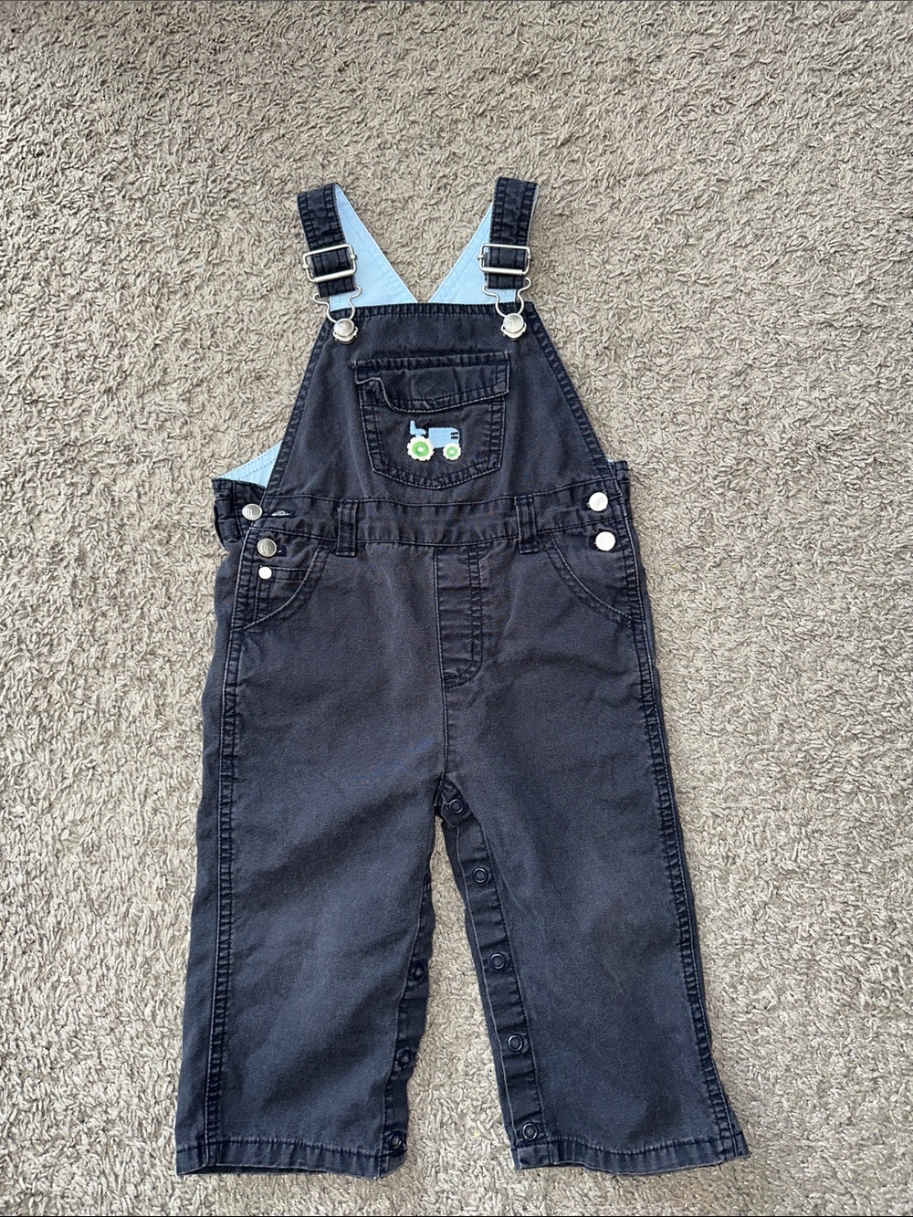 Kids Navy Blue Denim Overalls with Tractor Embroidery